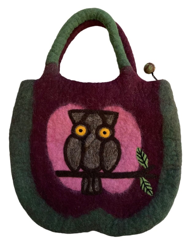 Felted Wool Purse OWL Zippered Bag Handbag Lined Gray Owl 3D Beak Handmade
