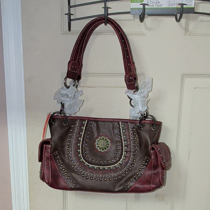American Bling Burgundy Brown Studded Embroidered Concealed Carry Purse Bag
