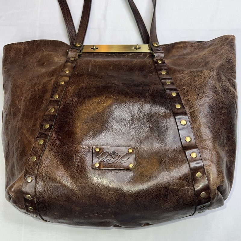 PATRICIA NASH BENVENUTO Distressed Cowhide BROWN LEATHER Gold TURN LOCK STUDDED