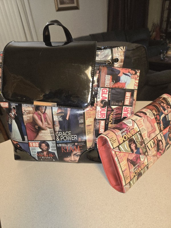 Obama Glossy Magazine Backpack Clutch Purse Wallet Bag Set N̈WT