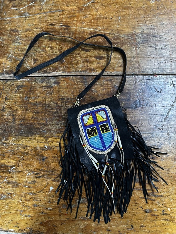 VTG Jet by John Eshaya Leather Fringe Beaded Crossbody Bag Boho Festival, Native
