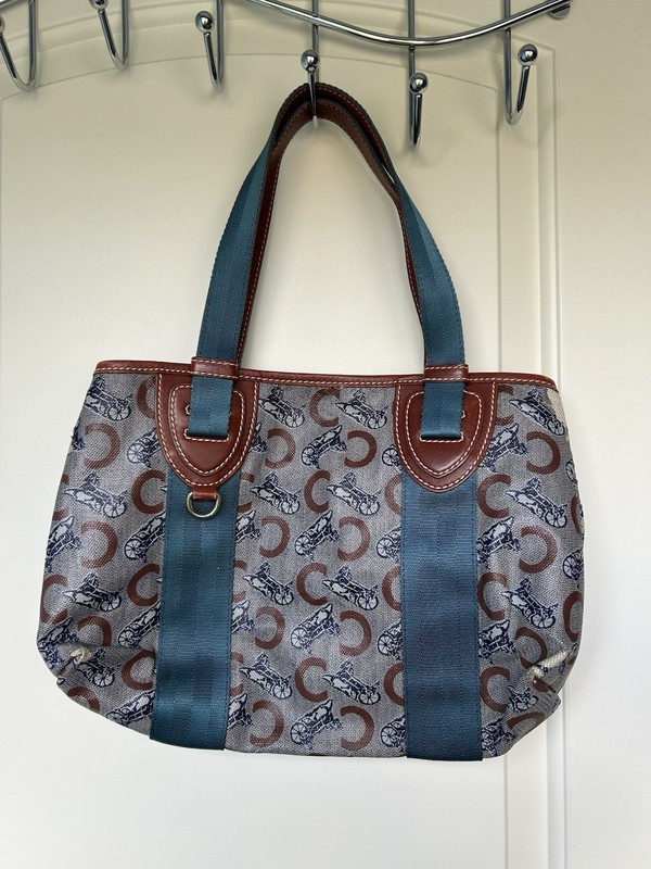 Vintage Celine Classic C Logo Blue Brown Shoulder Bag Authentic Used