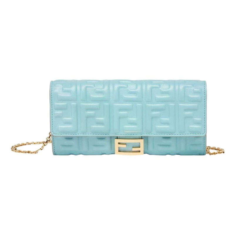 Fendi Baguette FF Embossed Lambskin Wallet on Chain Light Blue Gold WOC New gallery