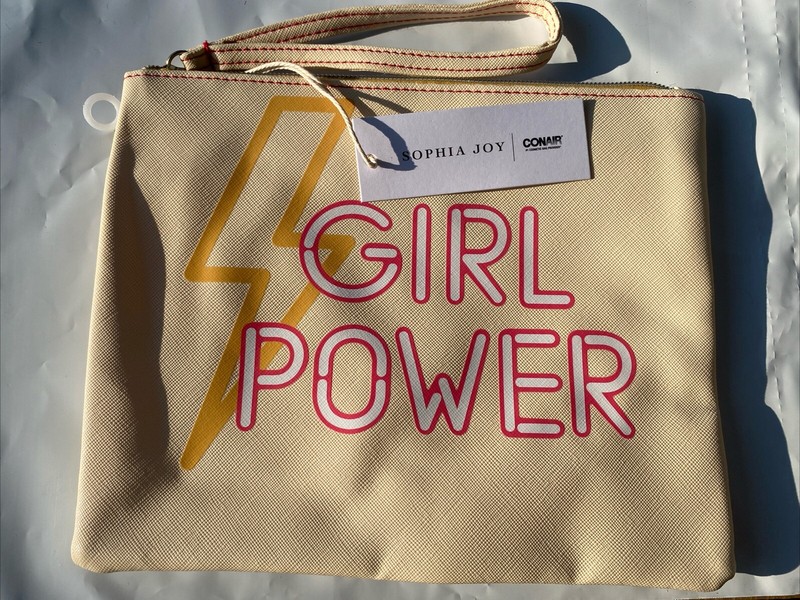 Conair Sophia Joy Makeup Cosmetic Wristlet Bag Ivory “Girl Power” 7 x 9 in