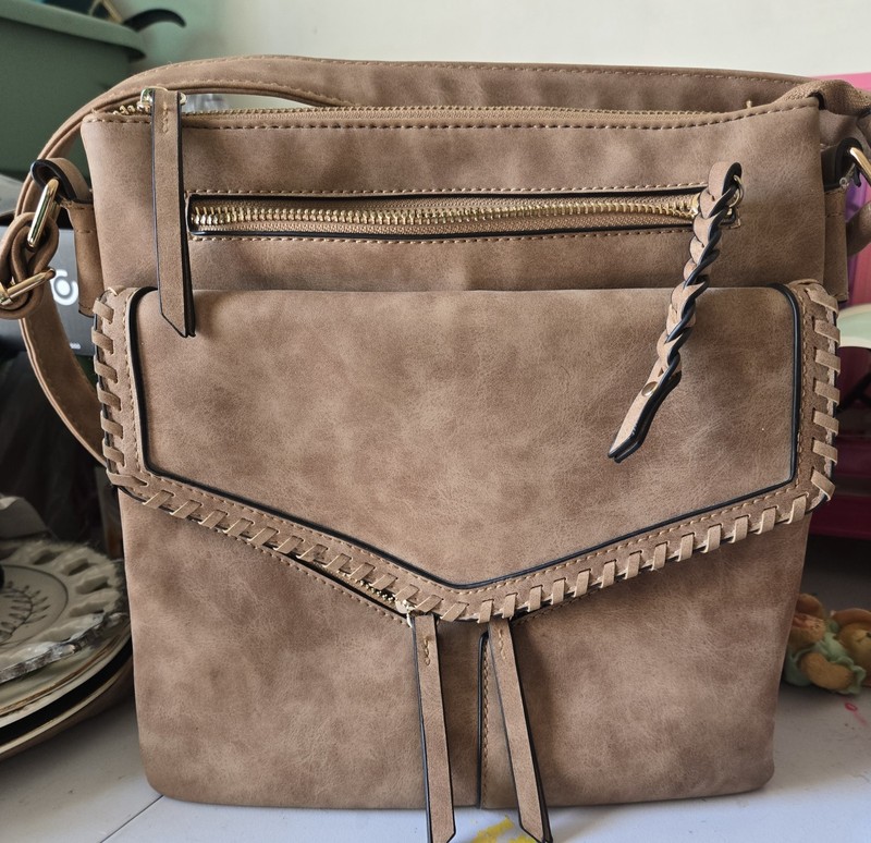 Brown Bohemian Fringe Whipstitch Crossbody Bag Zip Pocket Detachable Strap