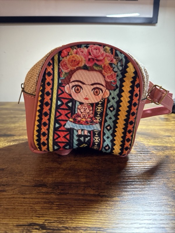Mexican Artist Frida Kahlo Mini Backpack Animated Female Floral Pink Woven