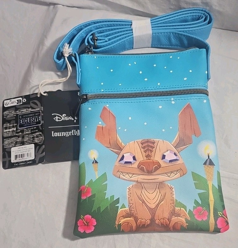 NWT In Bag Loungefly Disney Tiki Stitch Carved Wood Crossbody Passport Bag