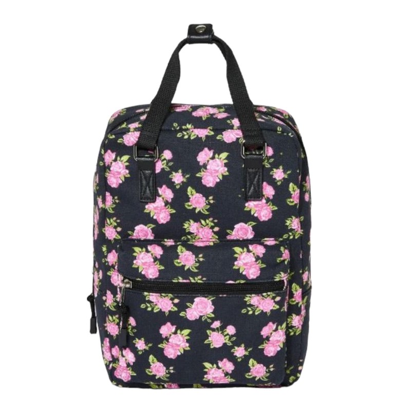 Teen Girls Floral Backpack Canvas Shoulder Bag Pink Roses Boxy School Day Pack