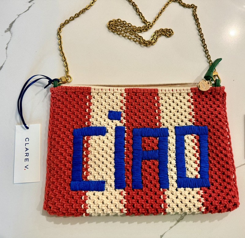 CLARE V. Flat Clutch with Tabs (Cream + Bright Poppy Crochet + Ciao) Purse gallery
