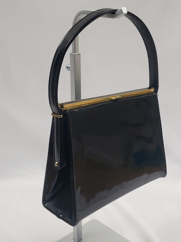 VTG 50s Coblentz Original Black Genuine Patent Leather Top Handle Bag Retro Glam