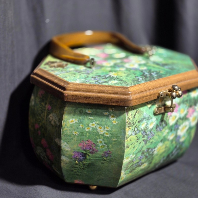 VTG 1970s decoupage Wood Art purse Handle Retro gallery