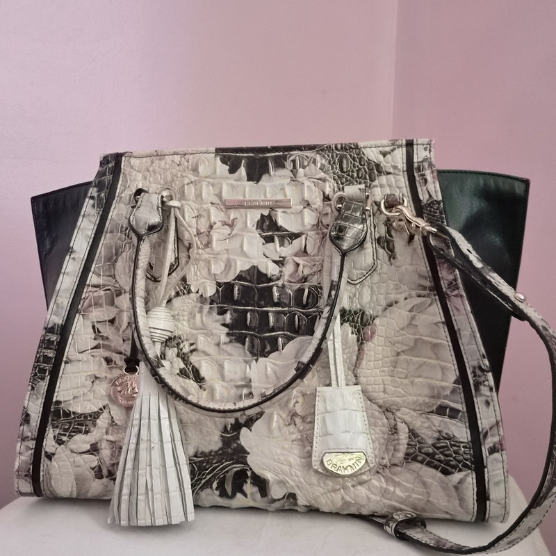 Brahmin Floral Embossed Satchel Top Handle Detachable Strap Tassel Gold