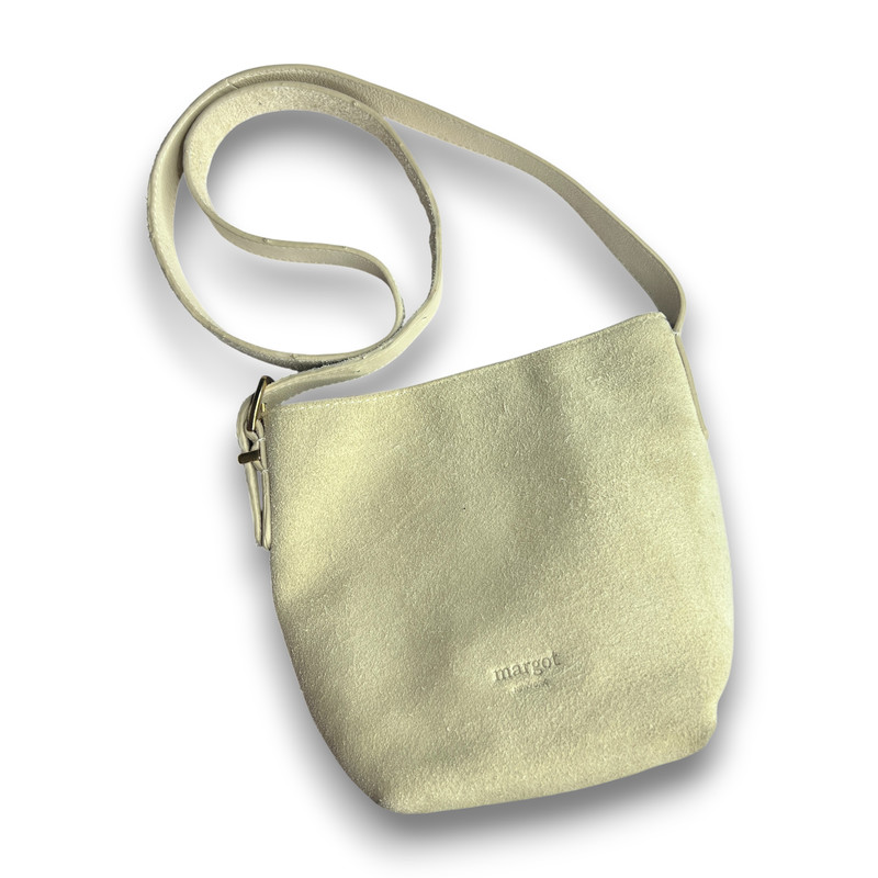 Margot New York Suede Leather Crossbody Shoulder Bag Cream Beige Minimalist