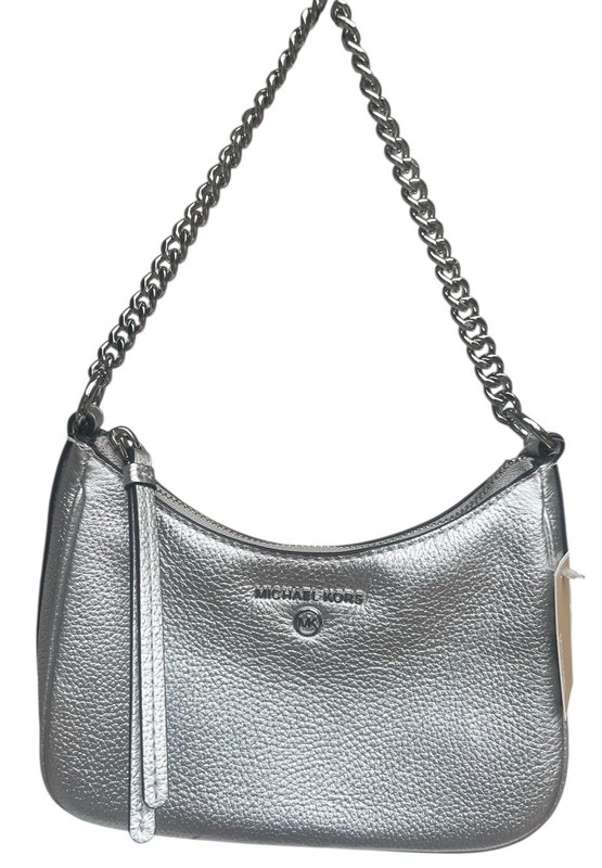 Michael Kors Jet SET Charm Matte Silver Pebbled Leather Small Pochette Bag Chain