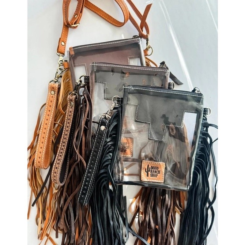 Shayne Small Hand Tooled Fringe Clear Crossbody Concert Stadium Bag Tan gallery