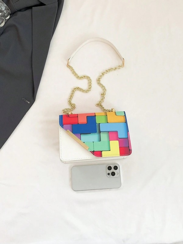 Mini Colorblock Ruched Crossbody Bag Women Metal Chain Shoulder Square Purse gallery