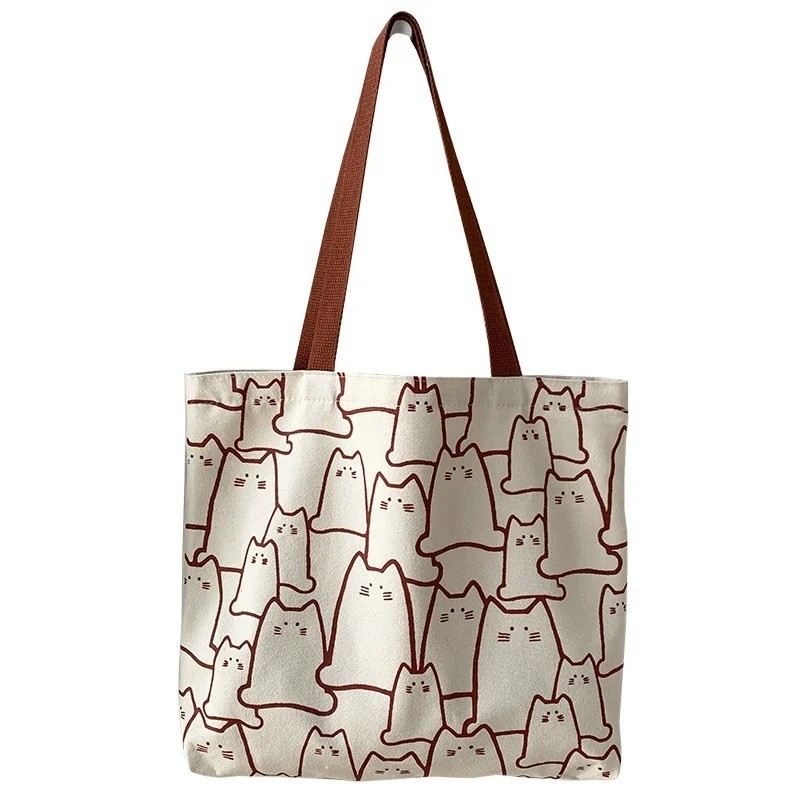 NEW CUTE CAT CANVAS TOTE SHOULDER BAG WITH ZIPPER KITTEN ALL OVER PRINT gallery