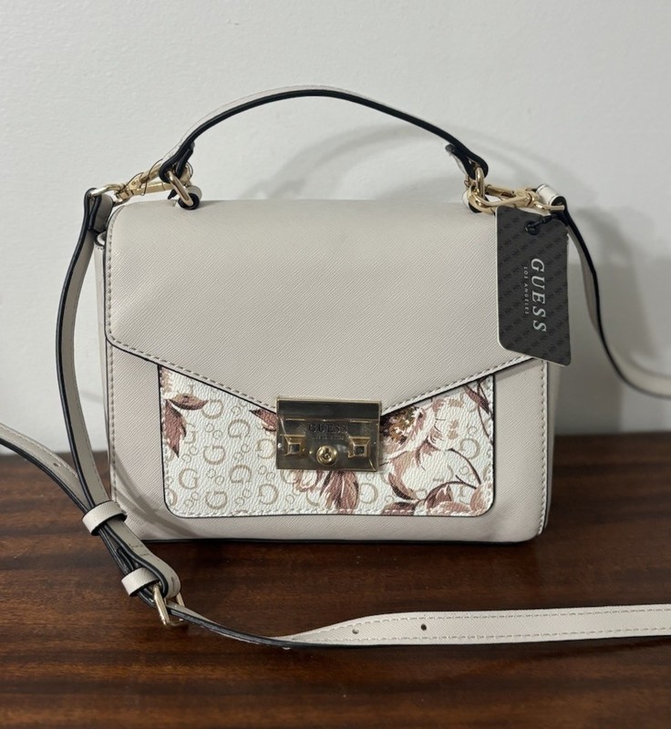 NWT GUESS Purse Floral Logo HandBag Off White Pink Mauve Satchel Crossbody NEW