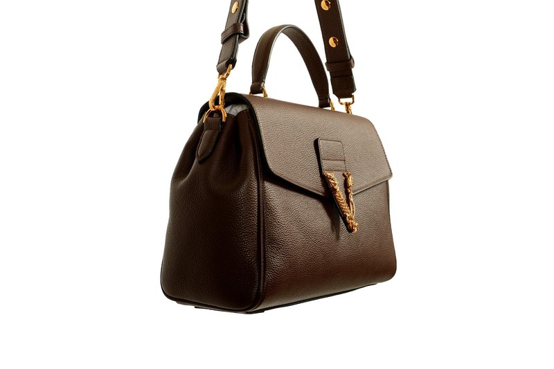 Versace Women’s Brown Grainy Leather Gold V Logo Satchel Handbag Shoulder Bag