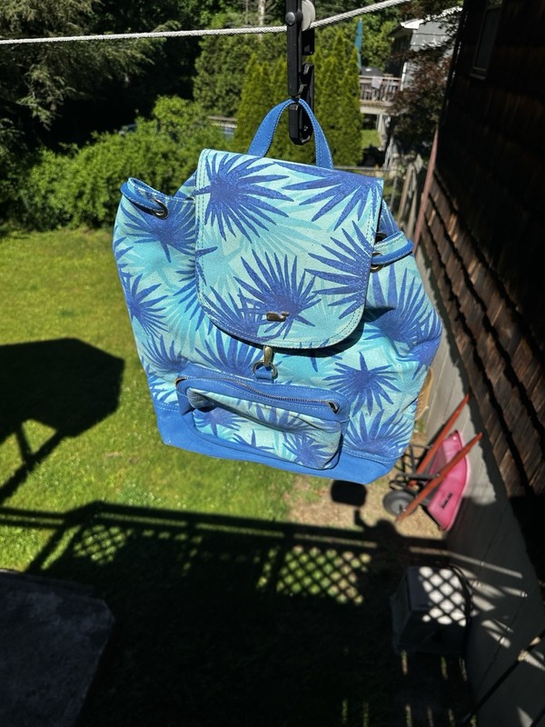 Blue Palm Print Drawstring Backpack w/ Front Zip Pocket Adjustable Straps