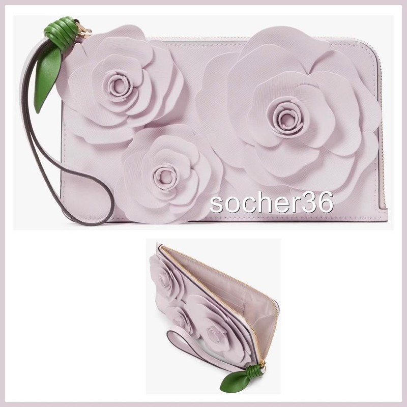 KATE SPADE 3D FLORA FLOWER MEDIUM L-ZIP WRISTLET PALE AMETHYST KK972 NWT $179