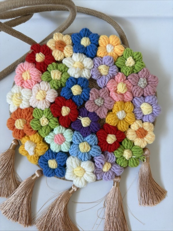 Colorful Flowers Floral Crochet Knit Circular Boho Shoulder Bag Purse w/ Tassels gallery