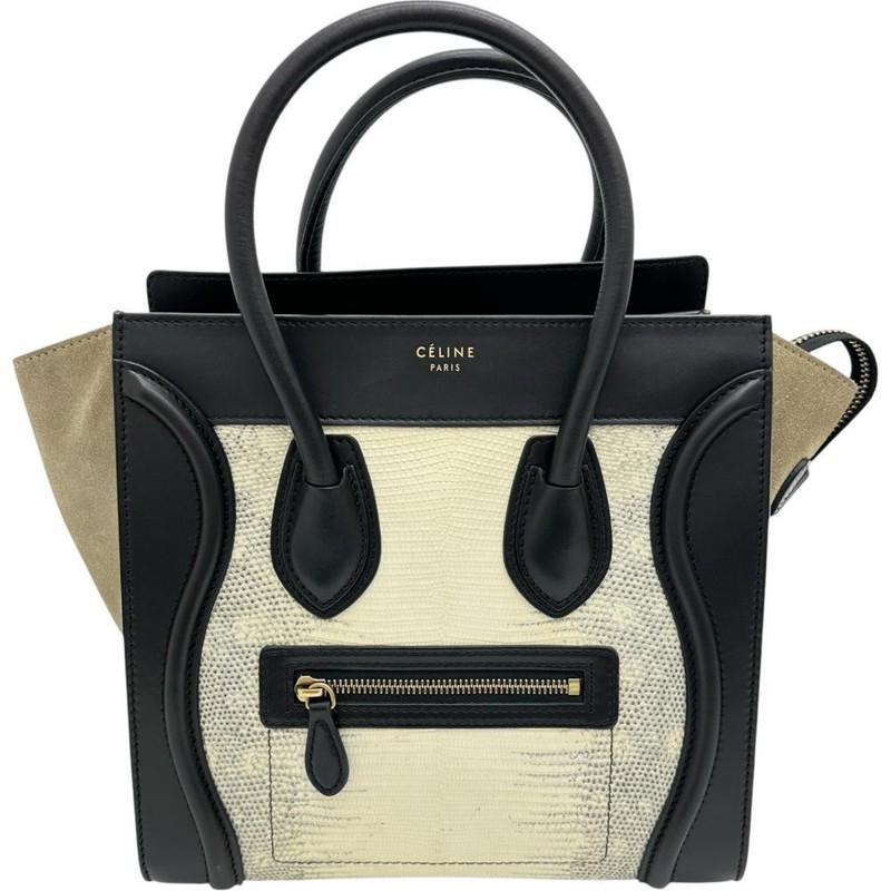 CELINE Tote Bag Luggage Mini Shopper Handbag Beige Black Lizard Leather Women 99