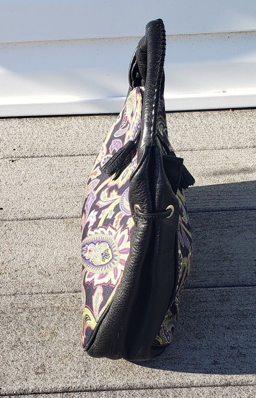 Talbots Black Pebbled Leather Green/Purple Paisley Hobo Handbag Pocketbook gallery