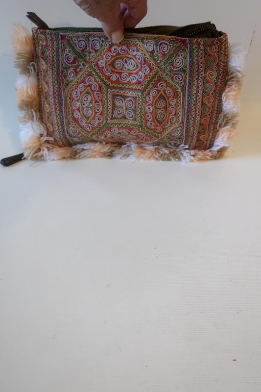 Womens Jade Tribe Olive Green/Multi Design Fringe Trim Clutch