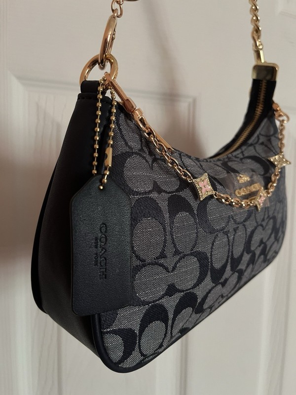 Coach Blue Logo Shoulder Bag Zip Closure Gold Hardware Adjustable Strap Charm gallery