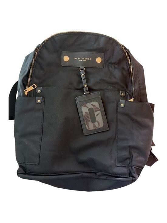 Marc Jacobs Black Nylon Backpack with Gold Accents and ID Tag