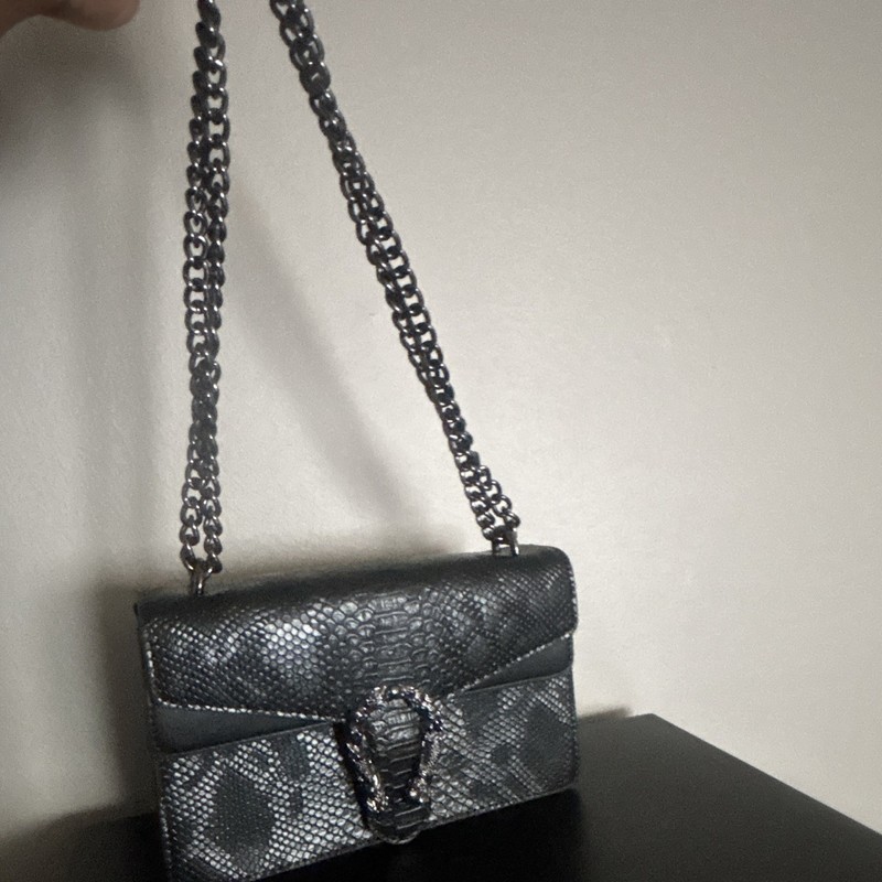 Myhozee Black Snakeskin Embossed Mermaid Buckle Chain Crossbody Bag 9.5×6.5×2.5
