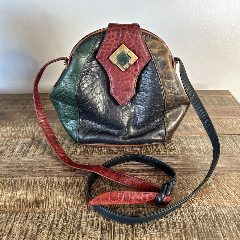 Vintage Sharif Boho Patchwork Leather Crossbody Bag Art Deco Reptile 80s 90s USA