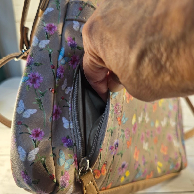 MultiSac Floral Butterfly Print Crossbody Bag Taupe Multi Pocket Messenger Bag gallery