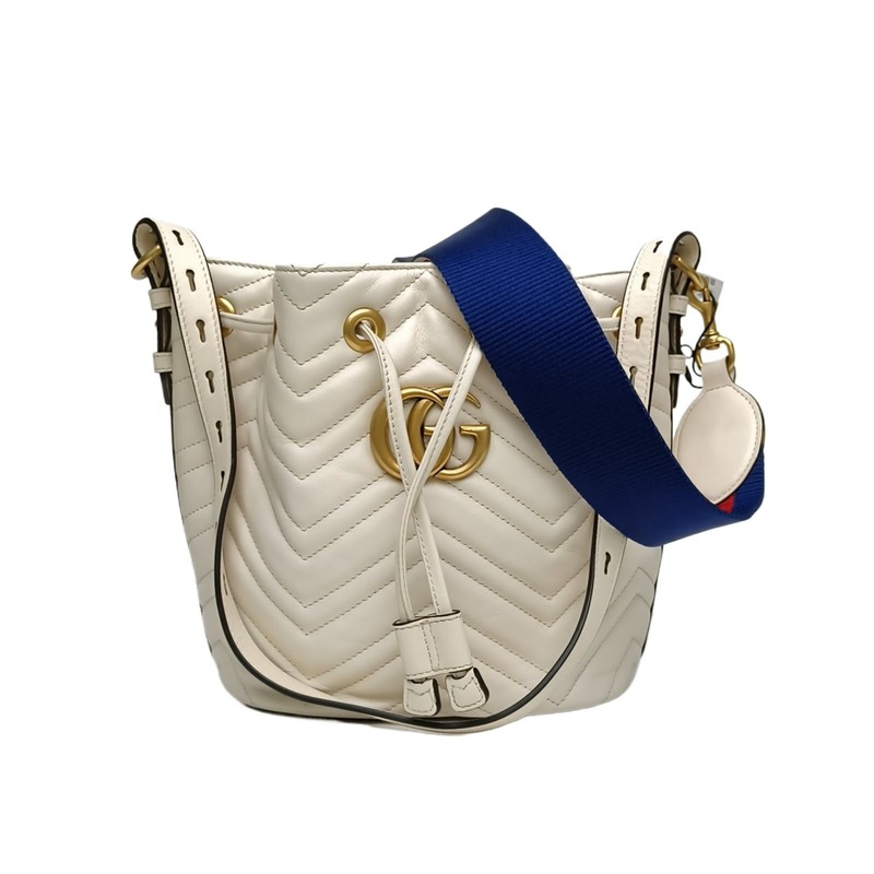 GUCCI GG Marmont Drawstring Bucket Bag 21cm White Calfskin Shoulder Bag