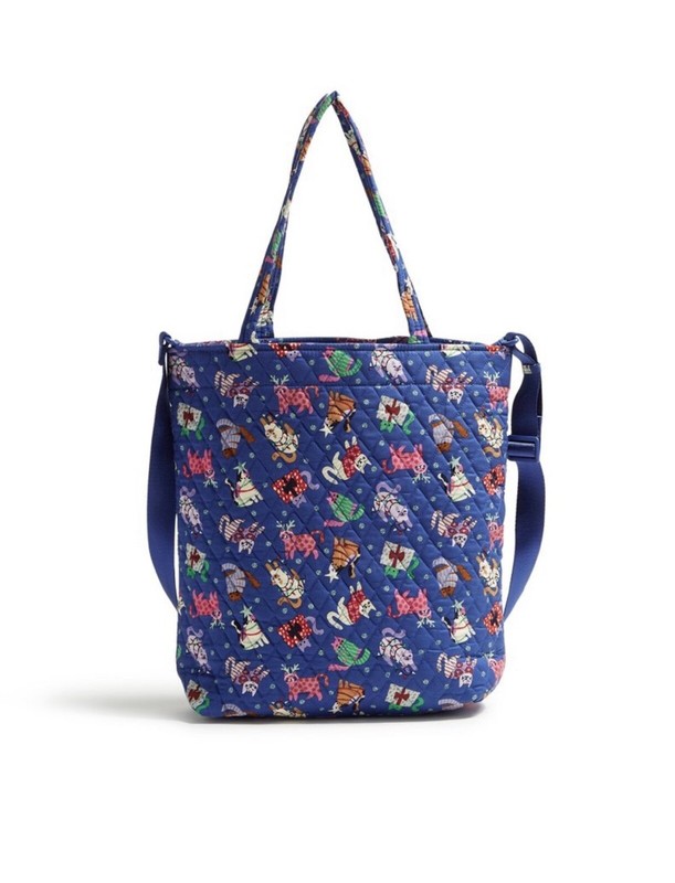 NWT Vera Bradley Cotton Large North South Tote Catnip Christmas Cats Blue $129