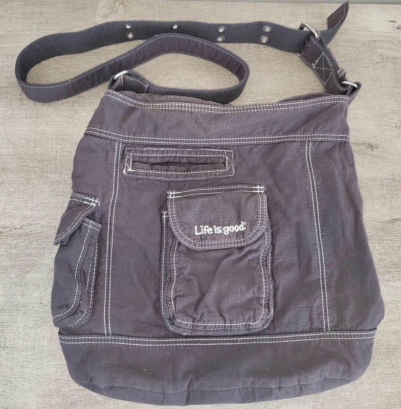 Life Is Good Dark Gray Boho Style Purse Crossbody Bag w Pockets Washable Cotton