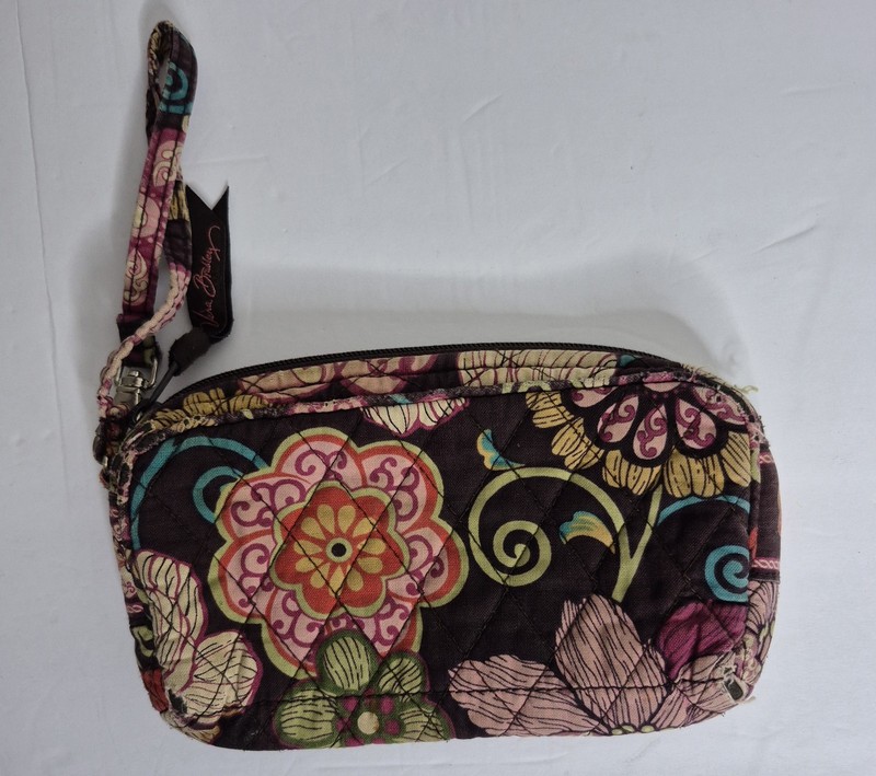 Vera Bradley “Mod Floral Pink” wristlet in a brown quilted cotton fabric