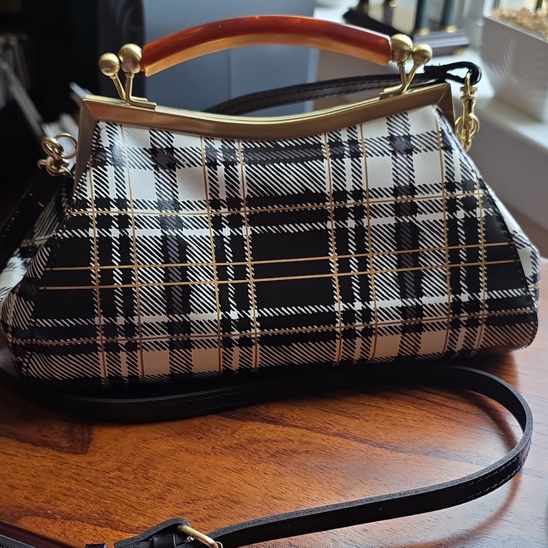 Patricia Nash Plaid Crossbody Bag Black/Beige Kiss Lock With Detachable Strap