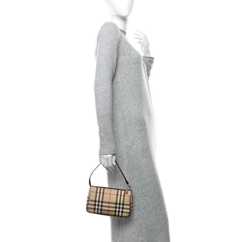 Burberry House Check Pochette Purse Hand Bag Brown/White/Red Plaid Stripe London