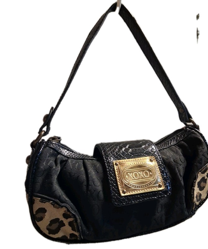 Vtg Y2K XOXO Baguette Shoulder Bag Purse Animal Leopard Wedged Sachel XOXO Logo gallery