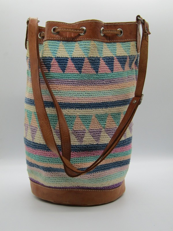 Vintage Hand-Crocheted Bucket Bag- Boho leather Trim Drawstring Purse 12″ tall