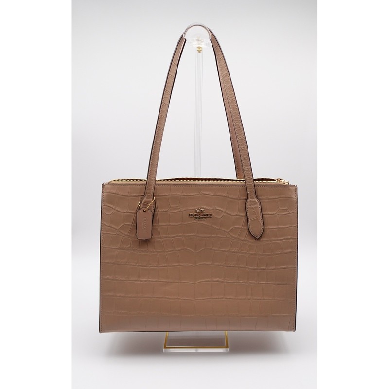 Coach Gallery Tote Taupe Croc Embossed Leather Shoulder Bag Gold Hardware