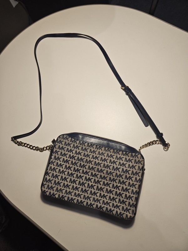 Michael Kors MK Logo Crossbody Bag Navy Beige Signature Chain Strap Purse