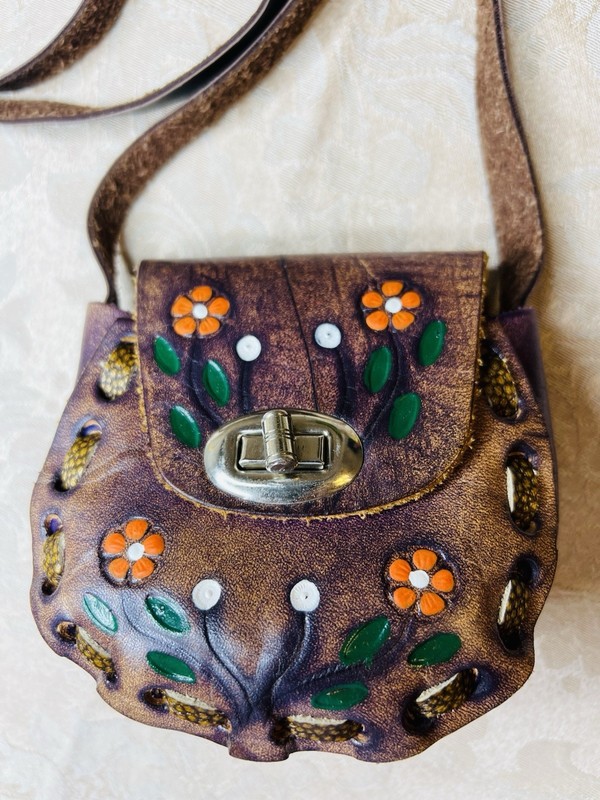 Vtg 70s Leather Purse Mexico HandTooled Orange Flower Hippie Boho Pouch Mini BAG