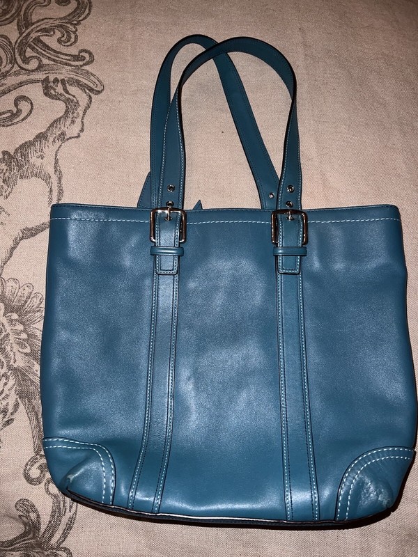 Teal Peacock Blue Coach Bag Tote Purse Carry All Zip Close Retail $297 Authentic gallery
