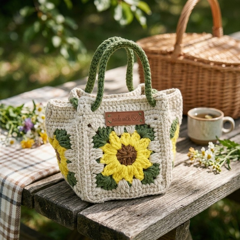 Handmade Sunflower Crochet Mini Tote Bag, Granny Square Knit Handbag for Women