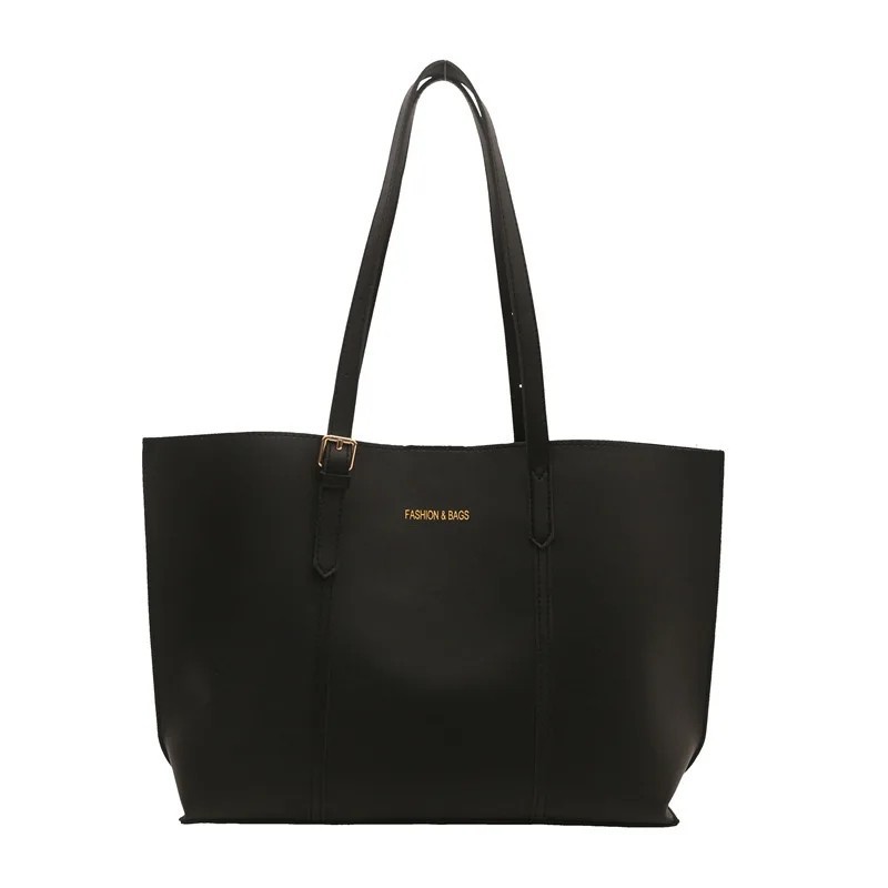 Women’s Black Leather Tote Bag with Clutch Large Capacity Shoulder Handbag