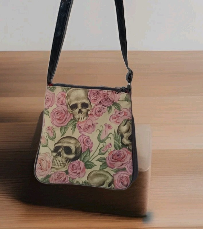 Vintage Crossbody Purse BAG”SKULLS Pastel ROSES Gothic Steam Punk Biker USA