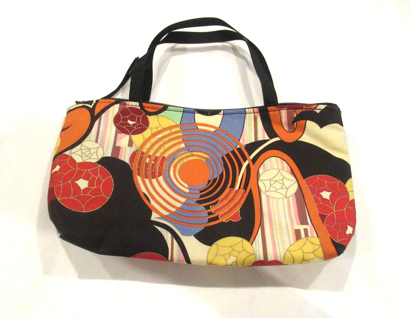 Chira Designs purse, Santa Barbara, red, orange, black, yellow, white circles